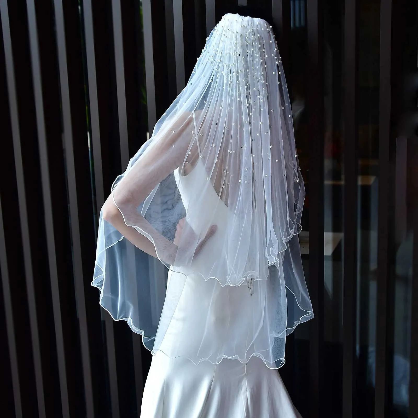 Hair Jewelry MZA32 2 Tier Veil with Blusher Pearls Bridal Veils Elbow Length Wave Pencil Edge Soft Wedding Accessories_ipsvogv.com