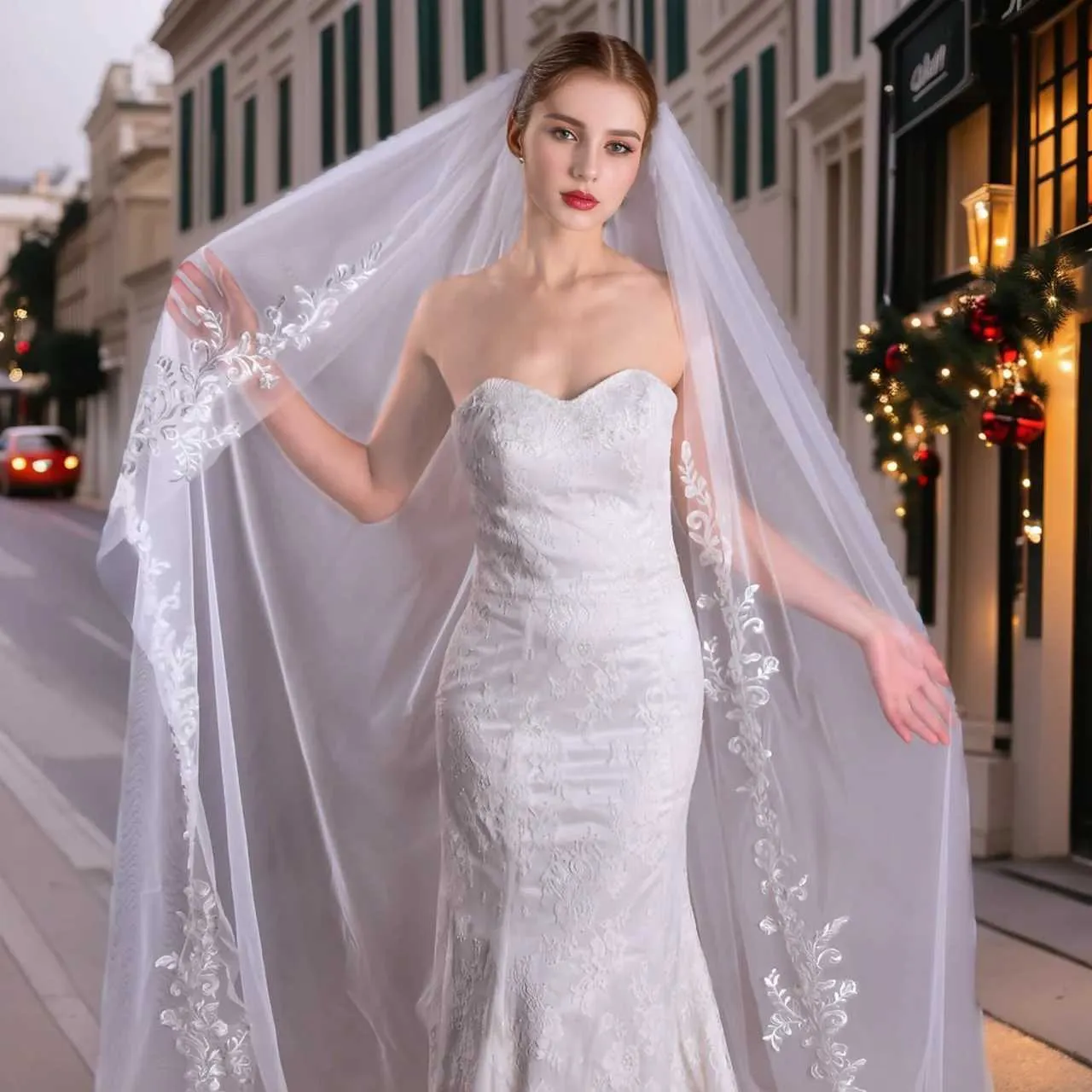 Hårsmykker V222 Langt Fuld Kant Blonde 1-lags Brudeslør med Kam 3M Katedrallængde Mantilla Bryllupstilbehør til_voghion.com