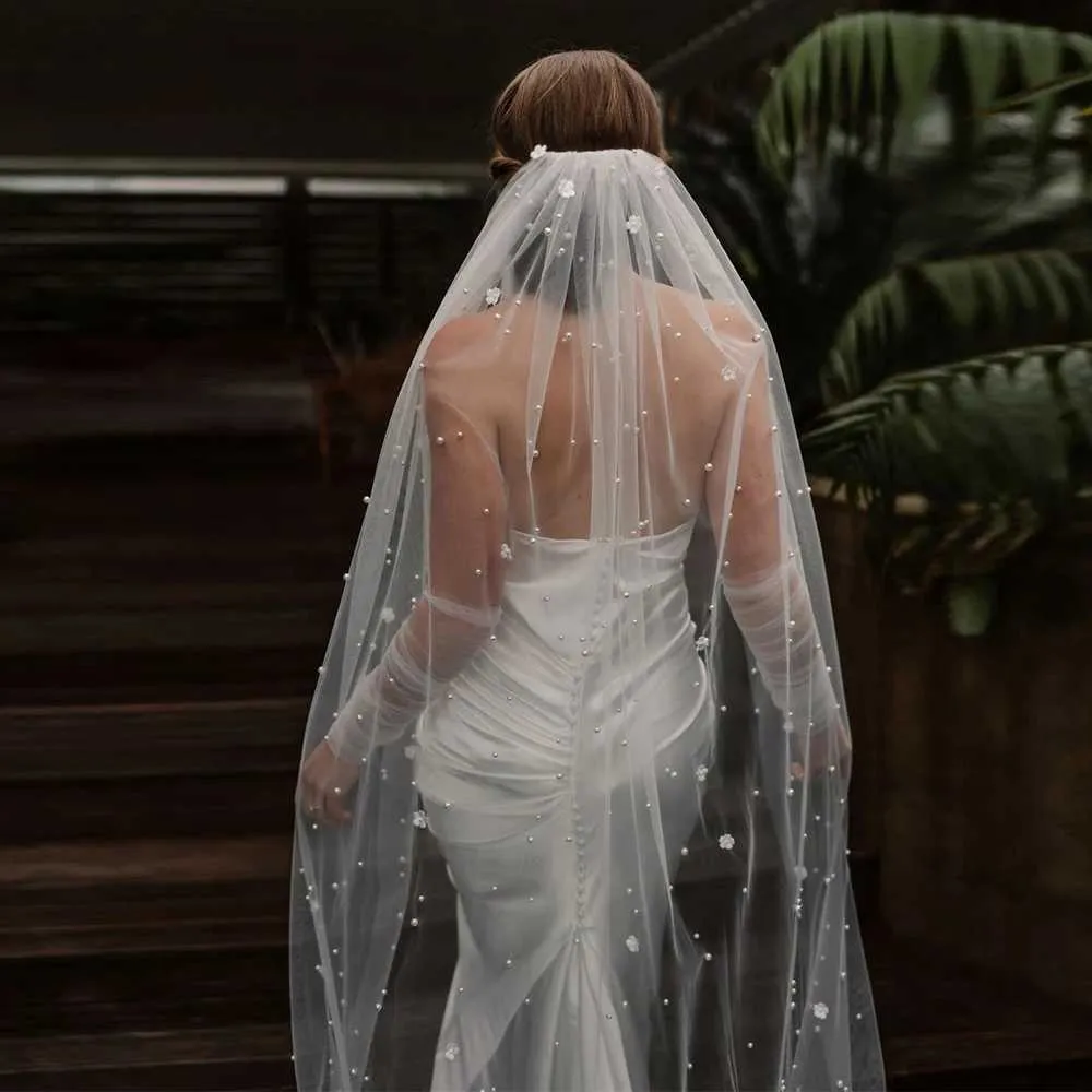 Bijoux de cheveux 3D fleurs voiles de mariée perles voile 1 niveau perlé doux Tulle avec peigne longue cathédrale accessoires de mariage_voghion.com