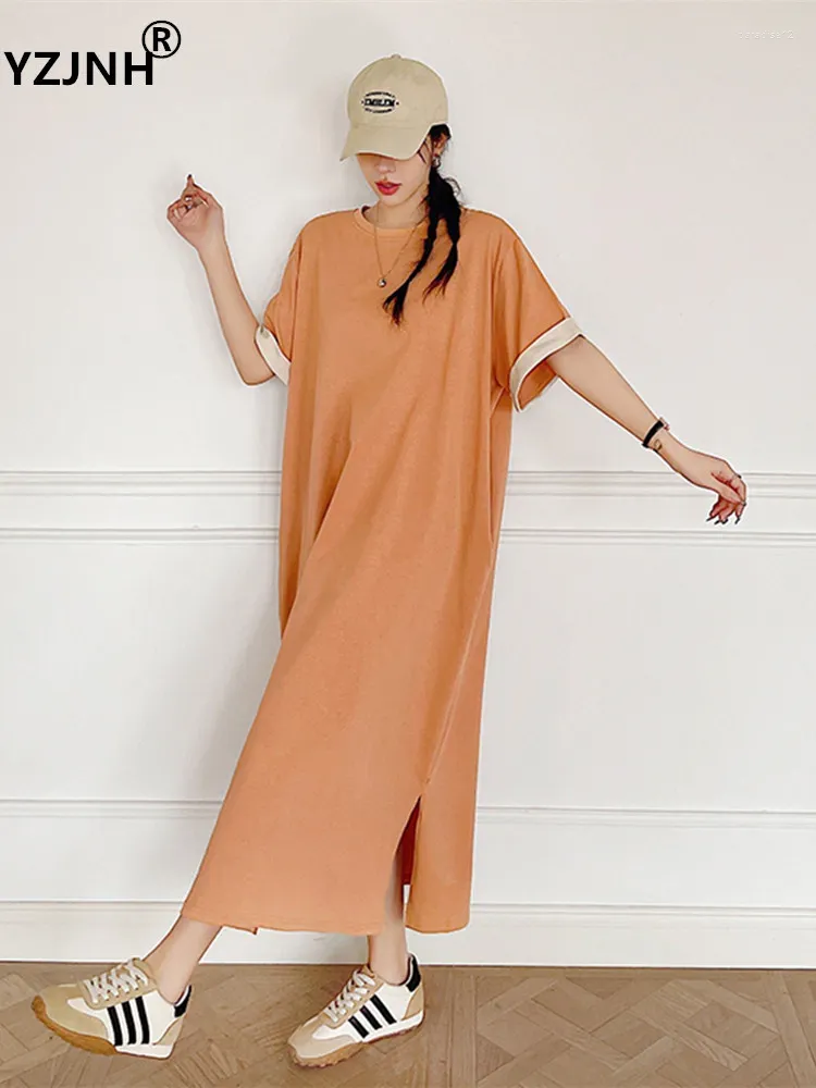 Party Dresses Yzjnh 2024 Summer Long Dress Women's Korean Edition Loose Round Neck Roll Sleeves Solid Color Pocket Split stor storlek