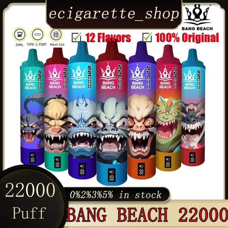 Original Bang Beach 22000 Puffs 22K Puff 22000 Smart scherm Elektronische sigaretten Wegwerp voorgevulde 650 mAh Oplaadbare batterij Vaper Razz Bar Bang 22000 22K