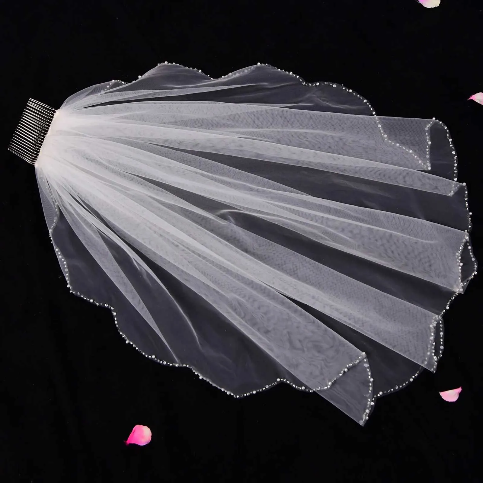 Voaluri de mireasă scurte cu strasuri, voal de mireasă cu mărgele de cristal, margine 60 cm cu pieptene, petrecere a burlacilor_voghion.com