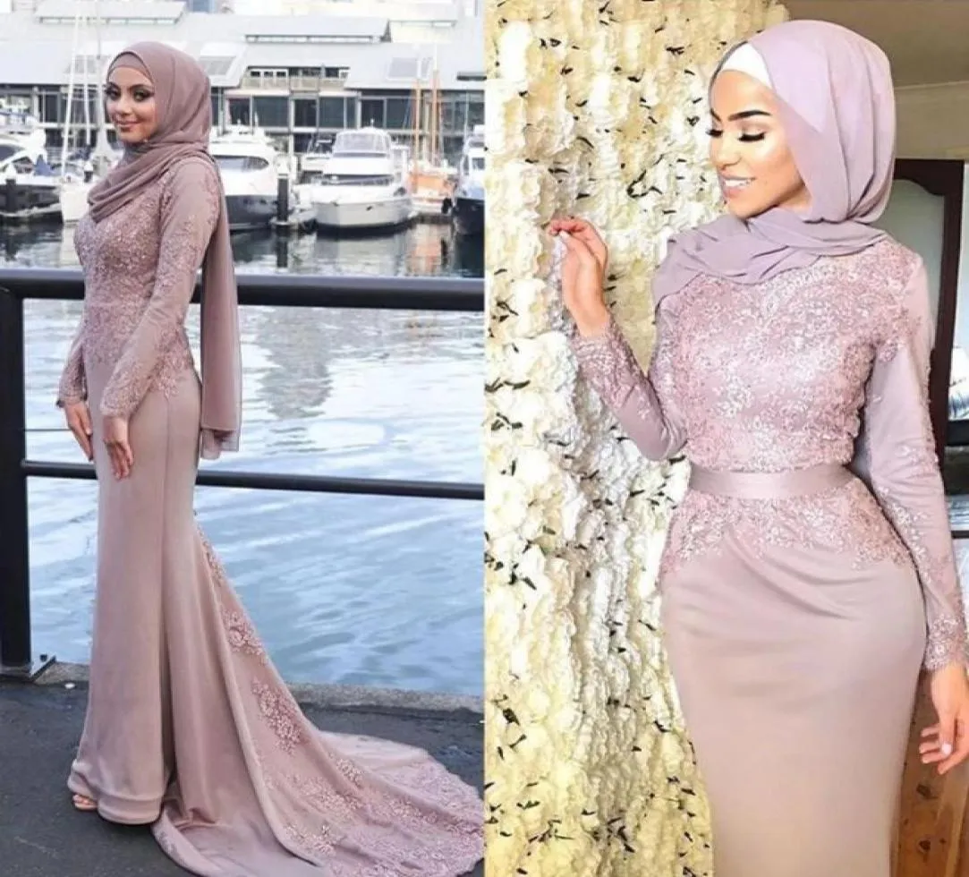 Muslimska kvällsklänningar 2019 High Neck Mermaid spets långa ärmar pärlstav applikationer halsduk islamisk dubai saudi arabiska long vestido lon9598244