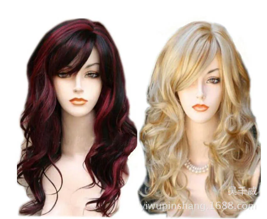 WIG WIG Черный красный градиент парик Gold Hairstyle Head Cover Long Curly Hair