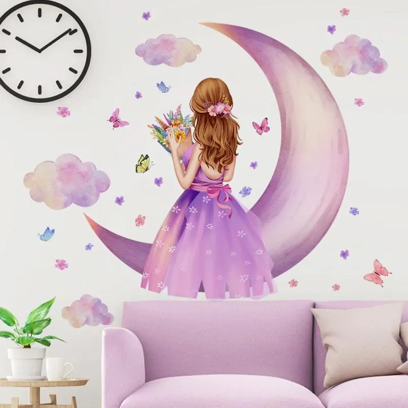 Tapeten 2PCs kleines Mädchen Blumen Schmetterling Mond Hintergrund Wandkleber Schlafzimmer Raumlayout Dekorative MS8610