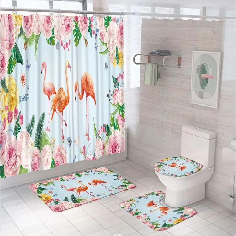 Duschvorhänge rosa Rose Flamingos Vorhang Sets Schmetterling Tropische Blätter Tier Badezimmer Bildschirm Anti-Rutsch Bad Matte Toilettendeckel Deckteppich