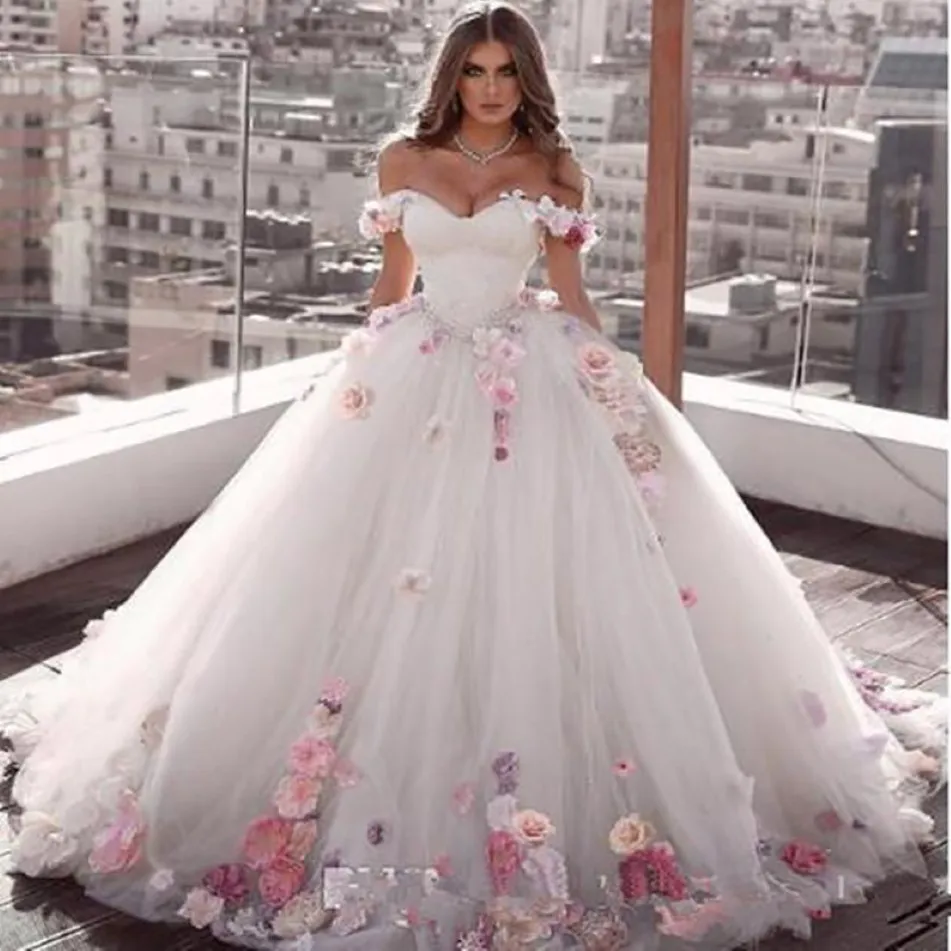 2021 Off Shoulder Flowers prom Ball Gown Beaded Quinceanera Dress Lace Up Back Luxurious Pleated Tulle Sweet 15 Party Dresses 263q