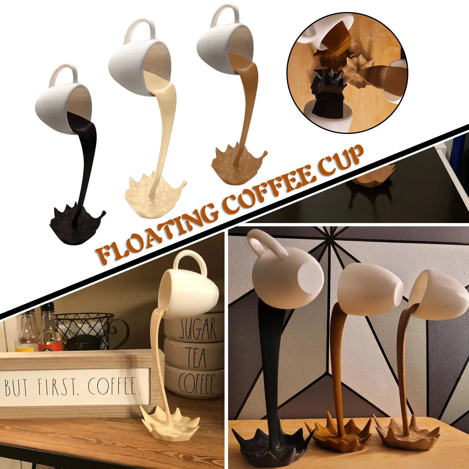 Drijvende koffiekopjes sculpturen keukendecoraties kantelhoek decoraties glazen keukenkleuren 240510