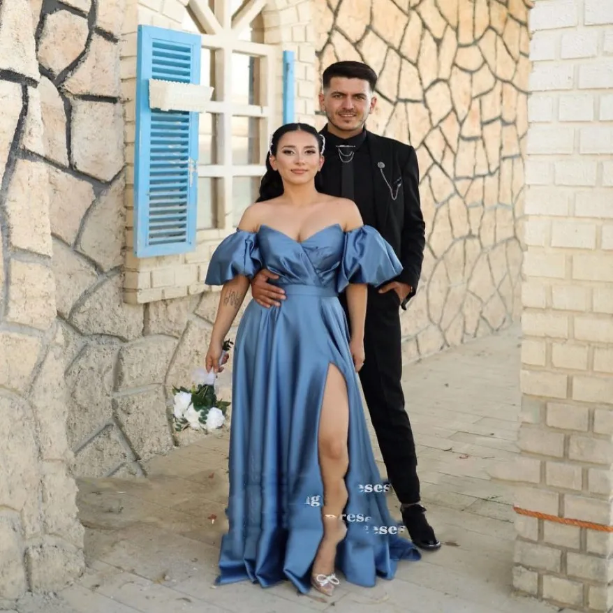 Синие вечерние платья вечеринка атласная атлана съемные короткие рукава арабский дубайский выпускной