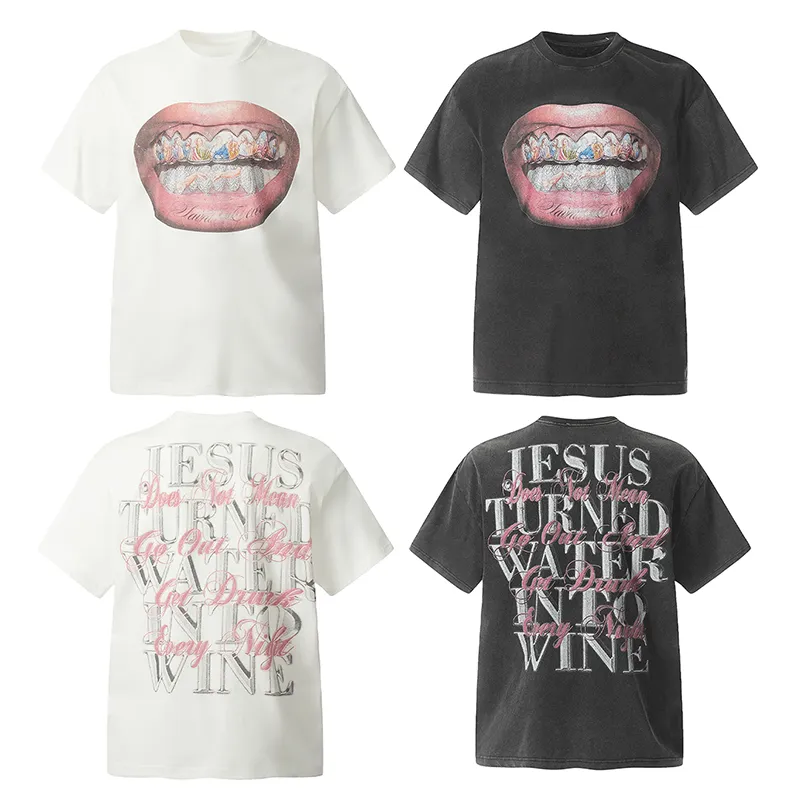 24ss Summer Oversize USA Jesus Mouth Print Washed Vintage Tee Fashion Men's Short Sleeve Skateboard Tshirt Women Clothes Casual Cotton T shirts 0513