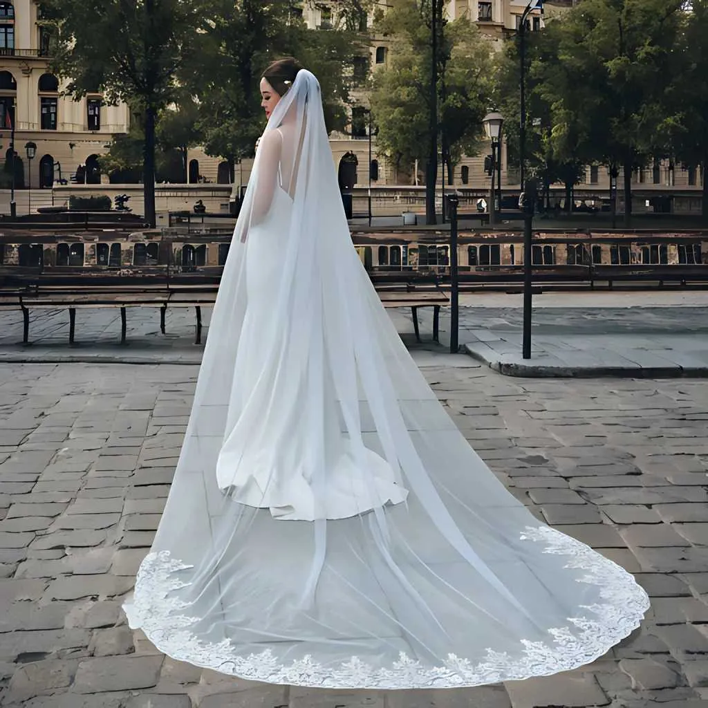 Vlasové šperky V70 Dlouhý závoj s krajkovým okrajem Aplikace Svatební závoj 1 úroveň Měkký tyl s hřebenem Svatební doplňky pro nevěstu_voghion.com