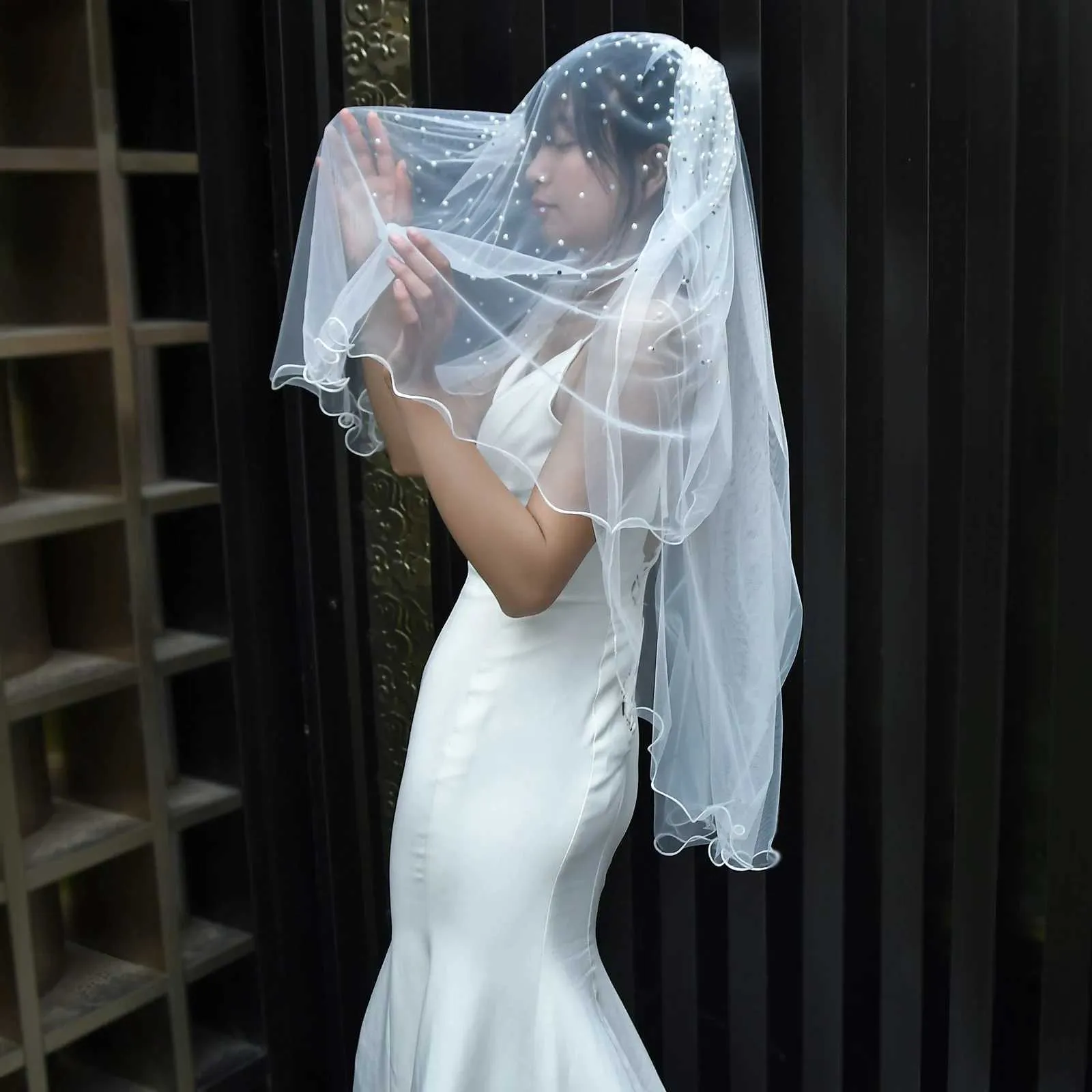 Hair Jewelry MZA32 2 Tier Veil with Blusher Pearls Bridal Veils Elbow Length Wave Pencil Edge Soft Wedding Accessories_ipsvogv.com