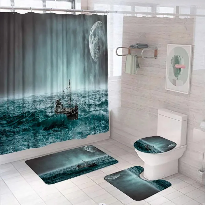 Rideaux de douche bateau à voile sets de rideaux de mer en pleine lune paysage nocturne nautical waves de salle de bain tapis de bain de salle de bain tapis de toilette