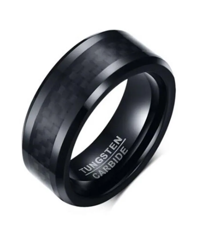 Trouwring afgeschuinde rand 8mm Comfort Fit Mens Black Tungsten Carbide Weeding Band Ring met zwarte koolstofvezel26243097442