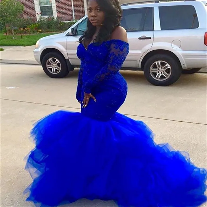 Plus size Royal Blue Mermaid Prom Dresses Long Sleeve Black Girl Lace Tutu Avondjurken Afrikaanse dame formele avondjurken SD3380 268F