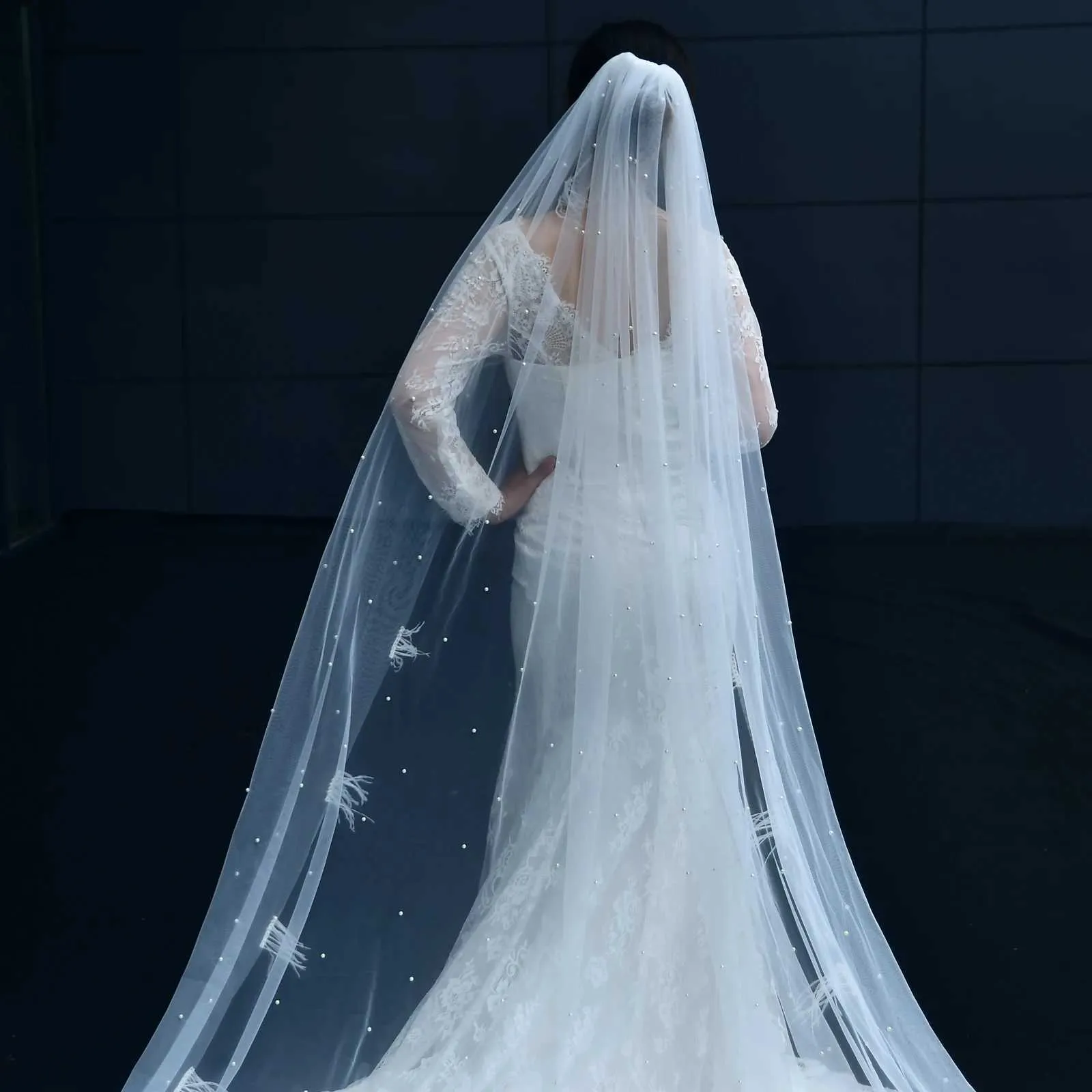 Bridal Veil Cathedral 1 Tier With Feather Beading For Wedding_voghion.com