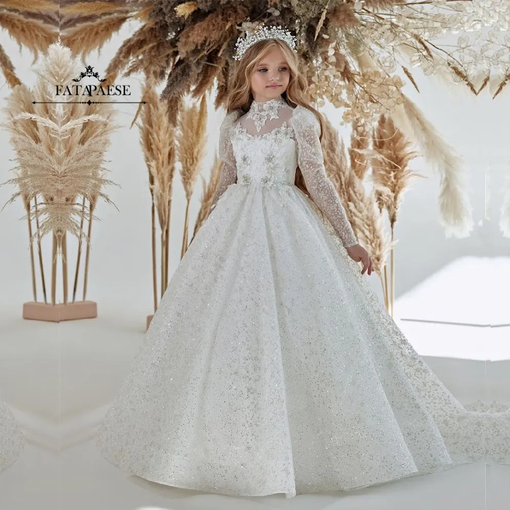 Glitz 2023 Lace Flower Girl Kleid Bögen Kinder Erste Kommunionkleid Prinzessin Tulle Ball Kleid Hochzeit Party Kleid 2-14 Jahre BC 228J