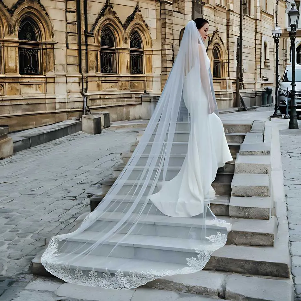 Vlasové šperky V70 Dlouhý závoj s krajkovým okrajem Aplikace Svatební závoj 1 úroveň Měkký tyl s hřebenem Svatební doplňky pro nevěstu_voghion.com