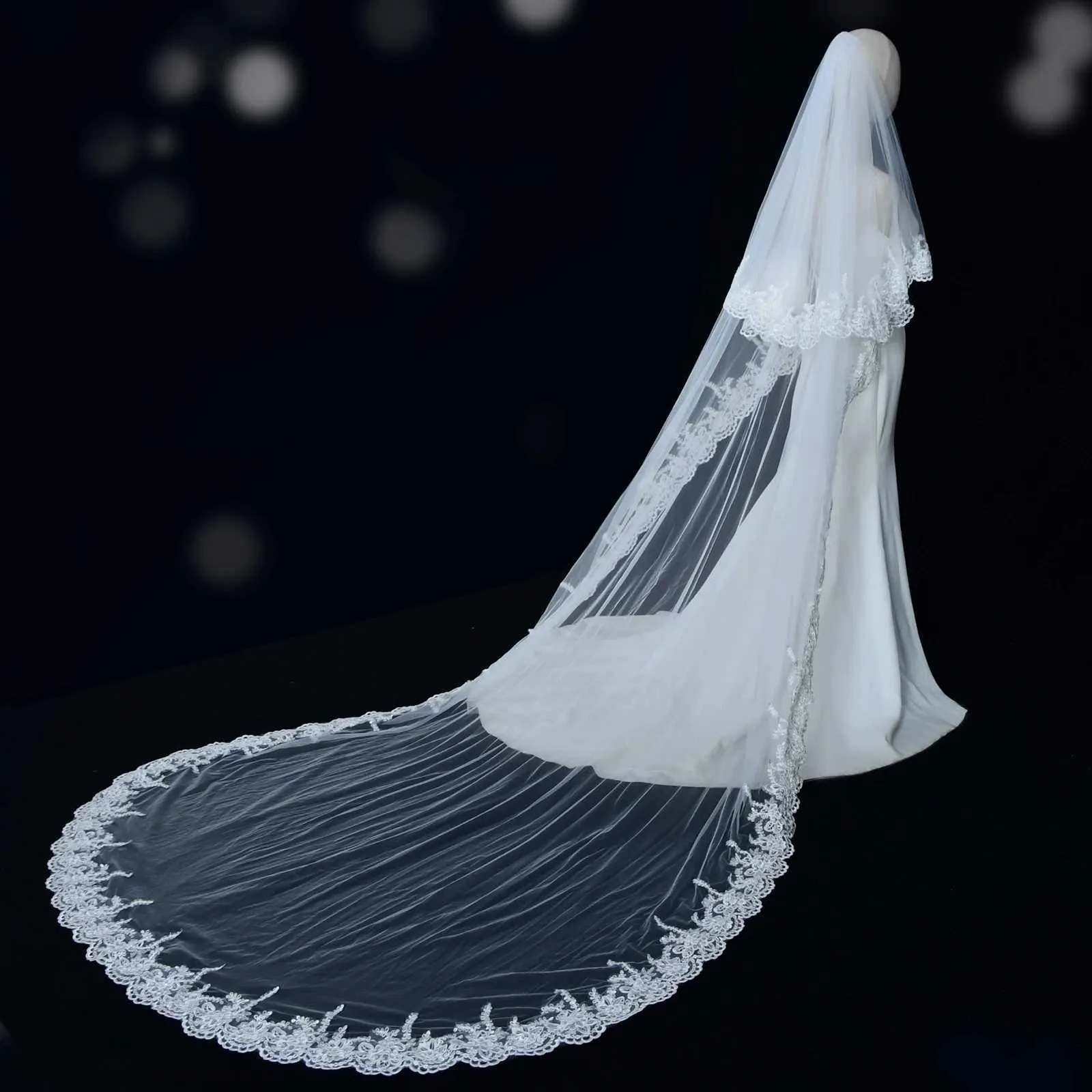 Langer Kathedralen Brautschleier Mit Spitzenbesatz Und Blusher_voghion.com