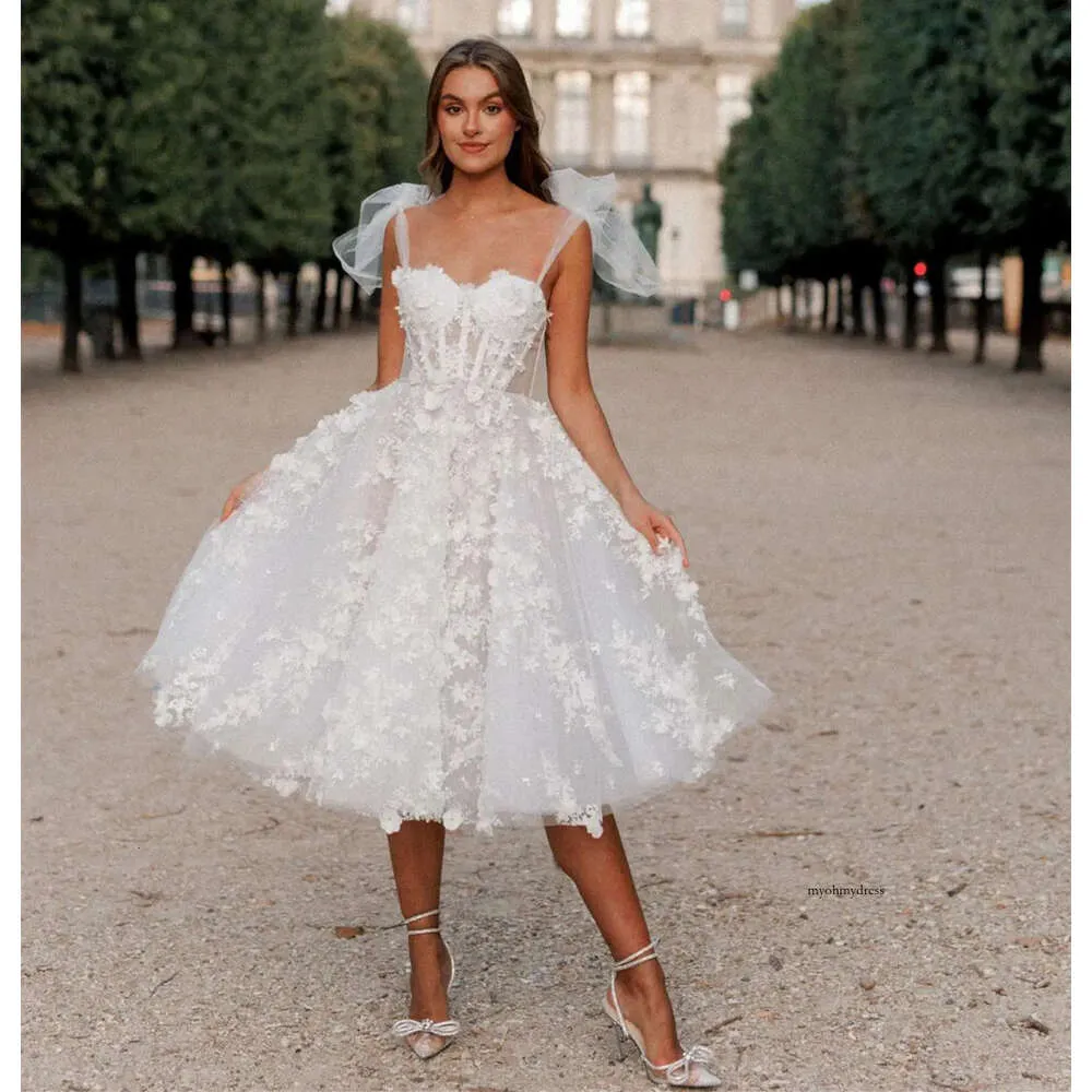 Tea Length Organza A Line Straps White Wedding Dress Tea Length Organza A Line Straps White Wedding Dress
