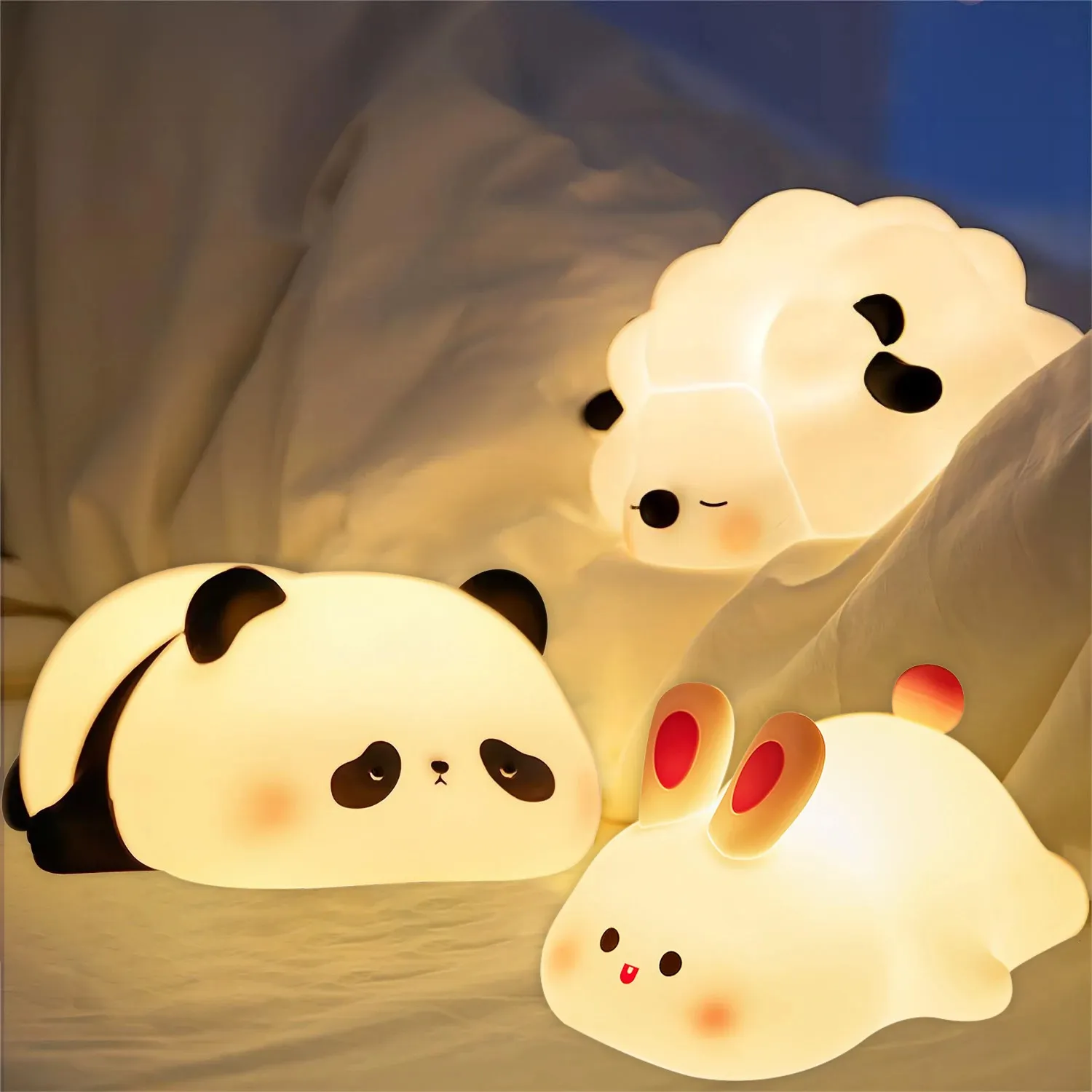 Led Night Lights Leuke schapen Panda Rabbit Silicone Lamp USB Oplaadbare Timing Bedside Decor Kids Baby Nightlight Birthday cadeau 240507
