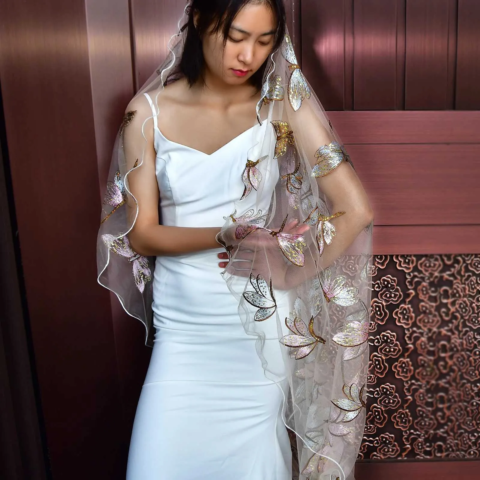 Gioielli per capelli MZA44 Veli da sposa Boho Farfalla di pizzo Applique Velo da sposa Colorato 1 livello Lunghezza cattedrale da sposa_voghion.com