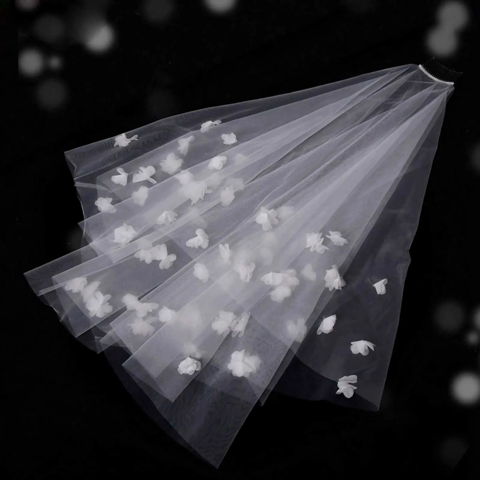 Hair Jewelry V111 2 Tier Blush Floral Wedding Veil Fabric 3D Flowers Scattered Drop Bridal Illusion with Comb Cover Face_voghion.com