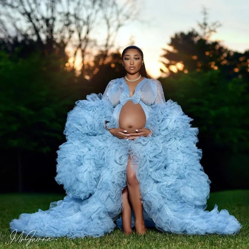 Robes de maternité bleu clair africain pour séance photo ou baby shower ruffle tulle chic robes de bal robes volonnelles à manches longues Photogra 261r