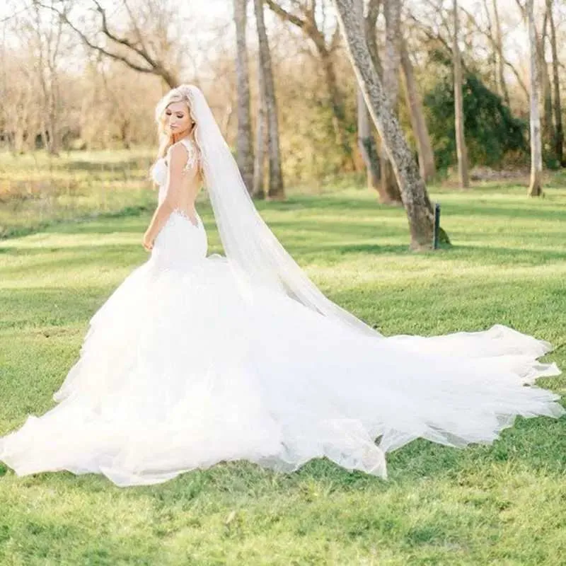 Gioielli per capelli Matrimonio elegante Classico Morbido illusione Tulle Lunghezza cattedrale Velo da sposa con pettine Veu De Noiva Longo_voghion.com