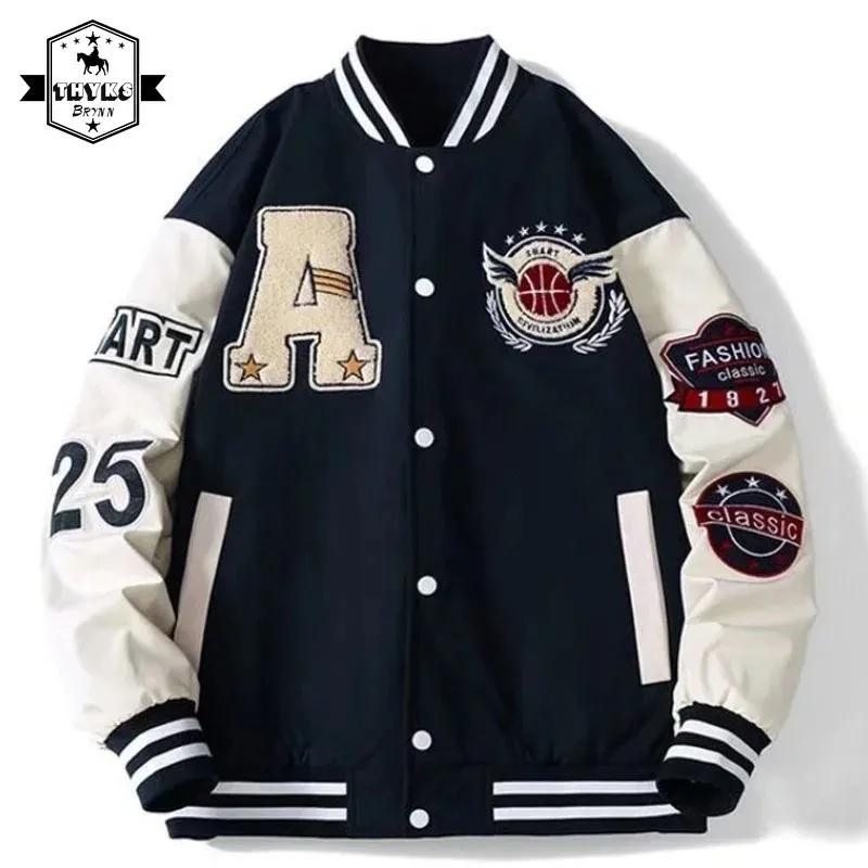 MENS Spring Fall Varsity Jackets broderi Korean Fashion Loose Baseball Uniform Par Blue Retro Leather Sleeve Bomber Coats 240511