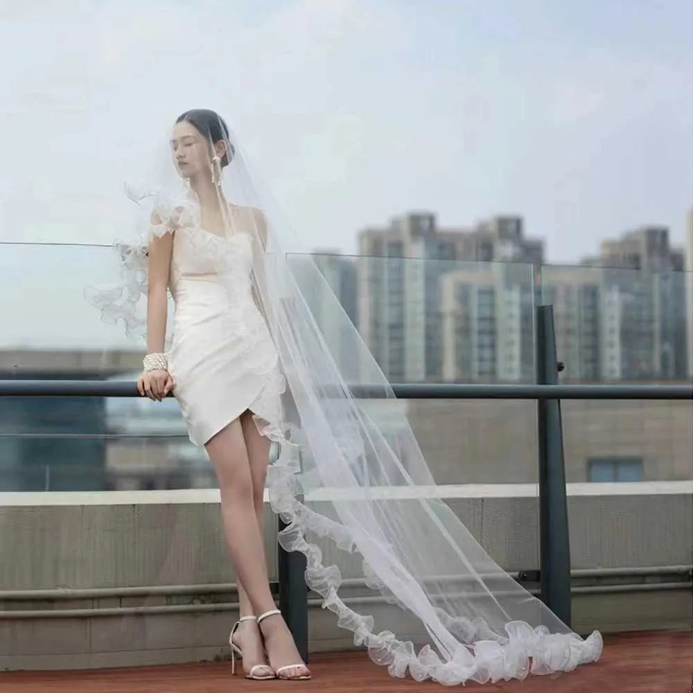 Bridal Veil Romantic 1 Tier Organza Ruffled Edge For Wedding_voghion.com