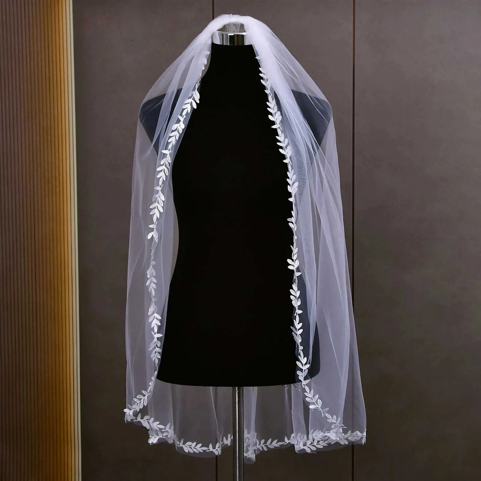 Voile de mariée avec bordure en bijoux pour cheveux, voile de mariage blanc ivoire de 3 m, bordure fine en dentelle festonnée, cathédrale, accessoires de mariée_voghion.com