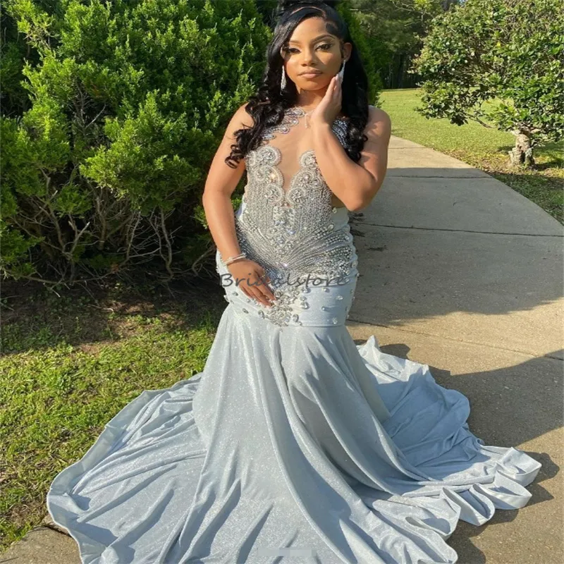 Elegant Aso Ebi Plus Size Silver Prom Dresses For Black Women Diamond Crystal Mermaid Evening Dress 2024 O Neck Glitter Sixteen Formal Dress African Vestidos Fiesta