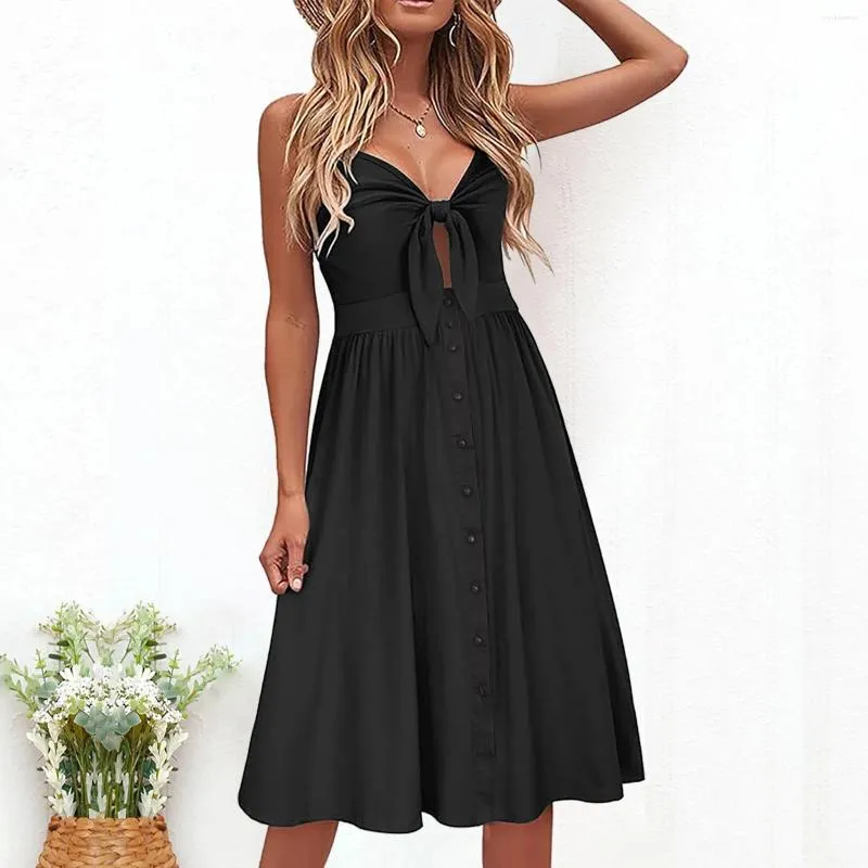 Lässige Kleider Frauen Sommer Sunddressierungen Strand Urlaub gegen Nacken Tropische Resort Sexy Bow Solid Mode Slim Party Kleid