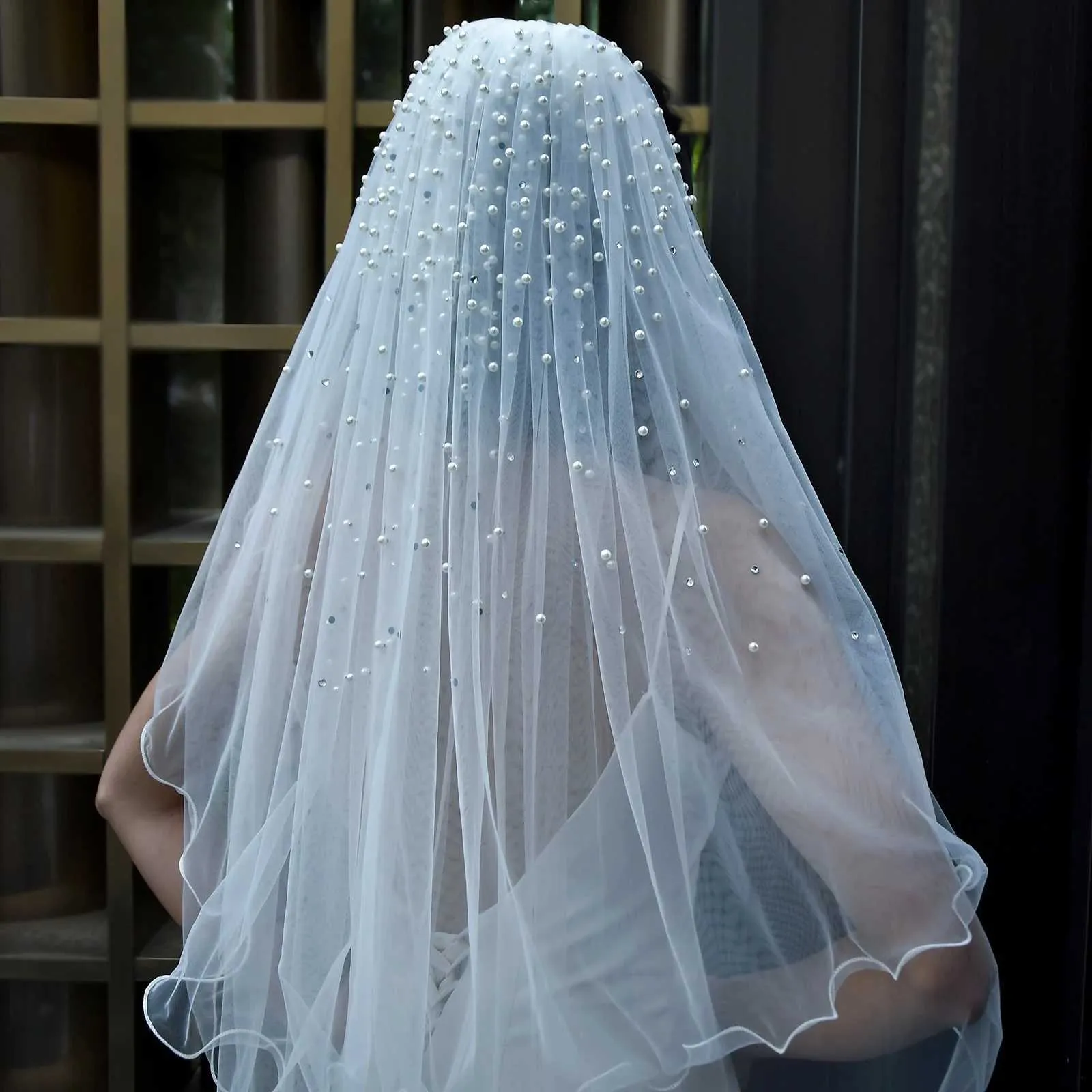 Hair Jewelry MZA32 2 Tier Veil with Blusher Pearls Bridal Veils Elbow Length Wave Pencil Edge Soft Wedding Accessories_ipsvogv.com