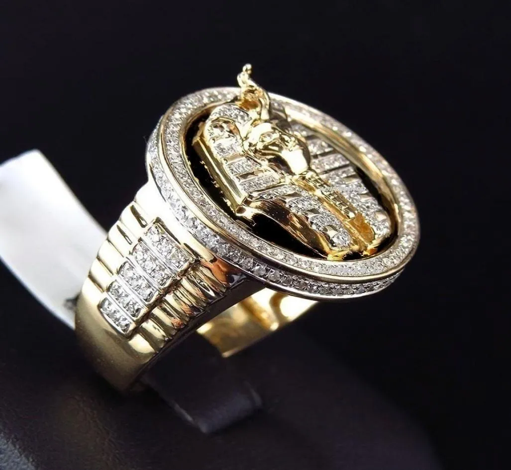 Ganzep Gold Silber Farbe ägyptischer König Tutanchamen Ring Ägypten Pharao King Motor Biker Herren Icro asphaltierte Steinrunde Ringe1735269