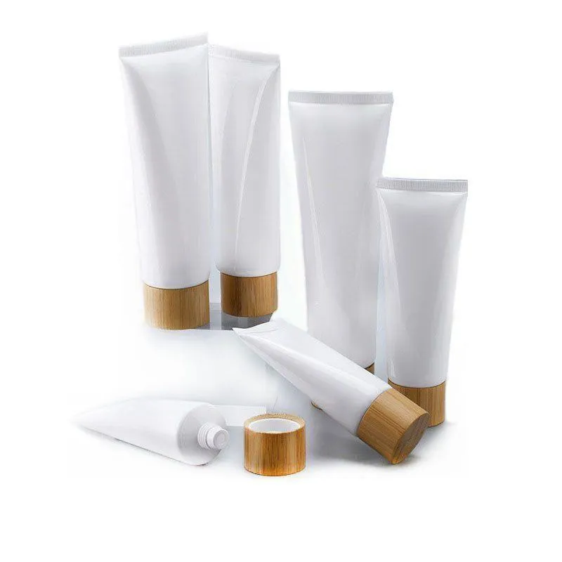 Tubes de compression en plastique blanc vide bouteille de crème cosmétique pots à baume à lèvres de voyage rechargeable avec capuchon en bambou pkaip xskct