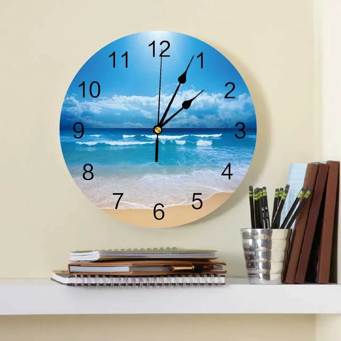 Corloges murales Blue Ocean Beach Waves Natural Decorative Round Wall Clock Design Custom Design Non Ticking Chadows Silent Chadows Grand Mur