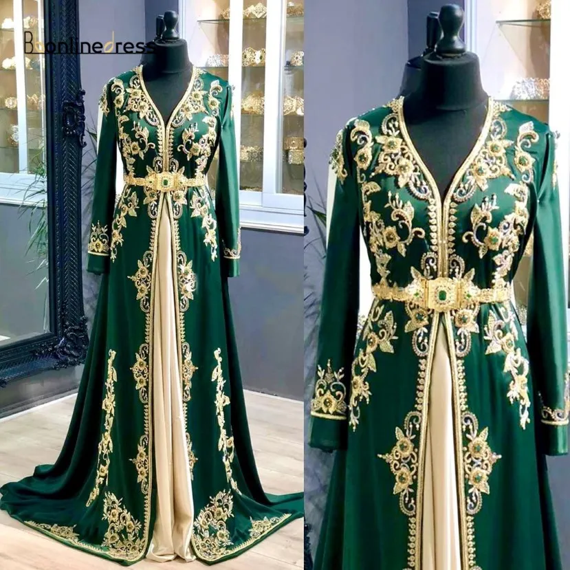 Luxury Green Marockan Caftan Evening Dresses 2020 Långärmad spets Crystal Pärlade balklänningar Dubai Abaya Formella festklänningar 2020 Musl 184Z