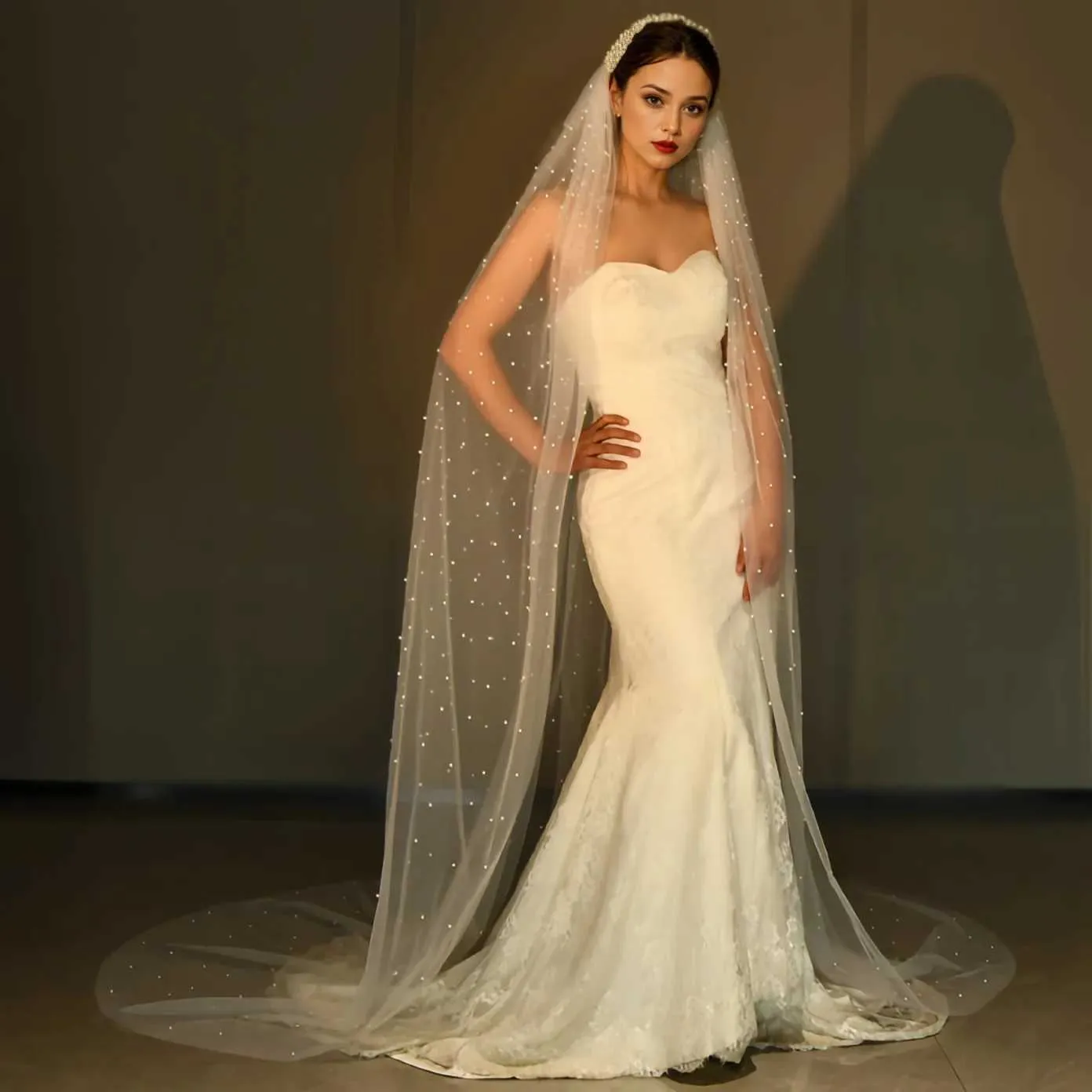 Ehted V211 pärlsõrmus pruudi ekstra pikk katedraalipikkusega loor loorid kammiga pulmade juukseaksessuaarid_voghion.com