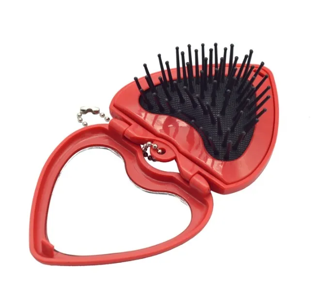 Mini Pocket Mirror Folding Comb Girl Women Portable Heart Pocket Small Travel Massage Hair Brush with Mirror Styling Accessories