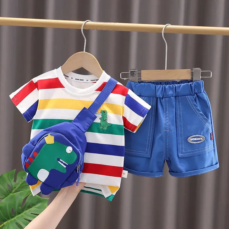 Summer Cartunone Dinosaur Fashion Children Oneck Tshirtshortsbag Baby Boys Girls Girls Set Set Kids Suitsuits 240511