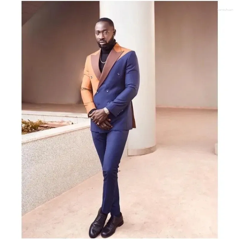 Mens Suits Latest Design Blue Orange Patchwork Men Double Breasted Custom Made Wedding Groom Slim Fit Tuxedo Blazer Jacket Pant From 104 97 DHgate