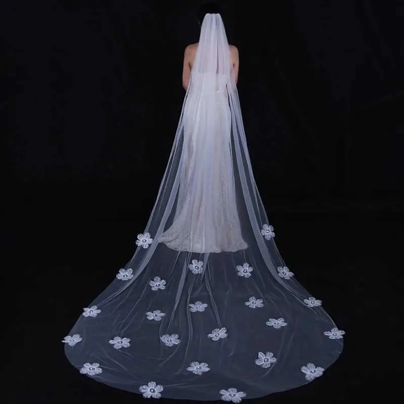 Hair Jewelry V202 Long Bridal Veils for a Fairy Tale Look Romantic Cathedral Length Veil with 3D Flower Beads Wedding_voghion.com