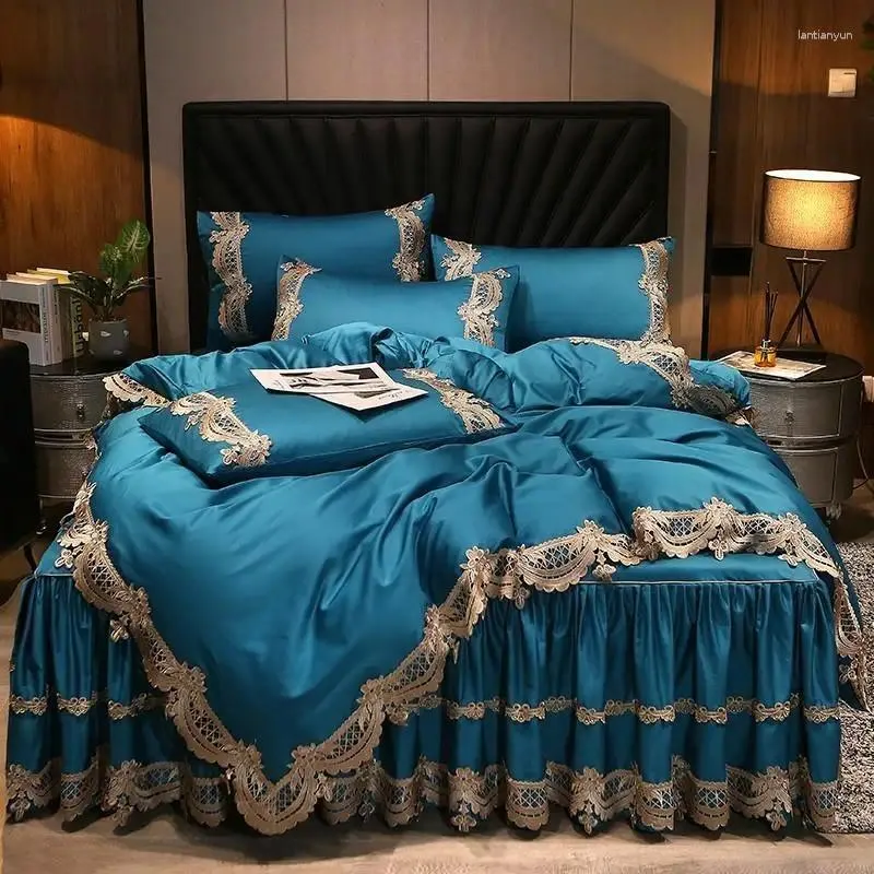 Bettwäsche -Sets Premium Ägyptischer Baumwoll Shabby Vintage Elegantes Spitze Set Reißverschluss Bettdeck