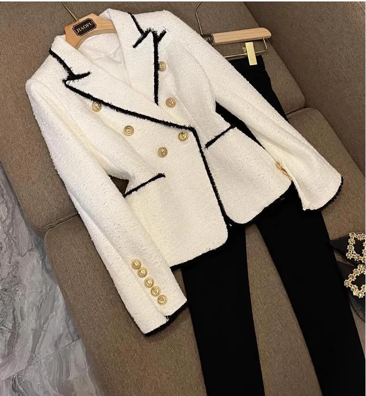 Spring Wit Zwart met lange mouwen gekotte Lapel Tassel-knoppen Dubbelbaas Blazers Fashion Tassel Outdarnen Lange lagen 4DN192720