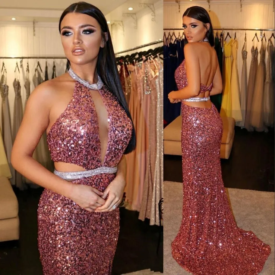 Sparkly einfache sexy Meerjungfrau Prom-Kleider Paillettenausschnitt Hochteiler Sweep-Zug-Zug Ruched Formal Dress Party Kleider Robe de Soiree 2397