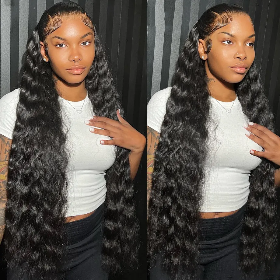 Long Curly Wavy Lace Front Wig - Brazilian Human Hair Blend, 25 Inches, Black, Free-Part