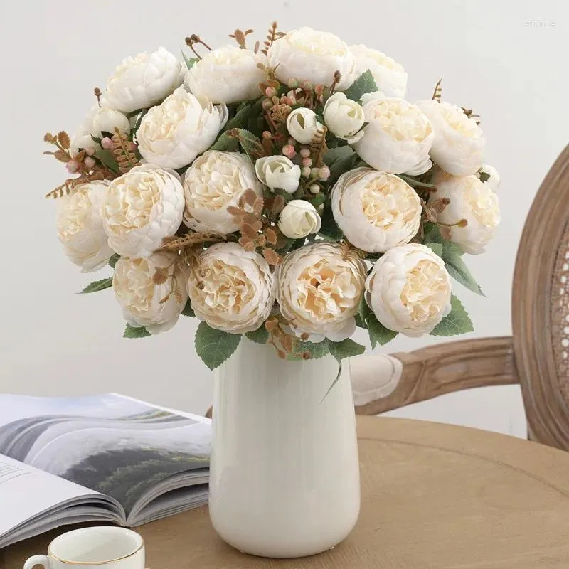 Decorative Flowers Artificial Small Tea Bud Peony Bouquet Silk Fake Green Plant Florist Simulation Peonies Flower Auditorium Decoration