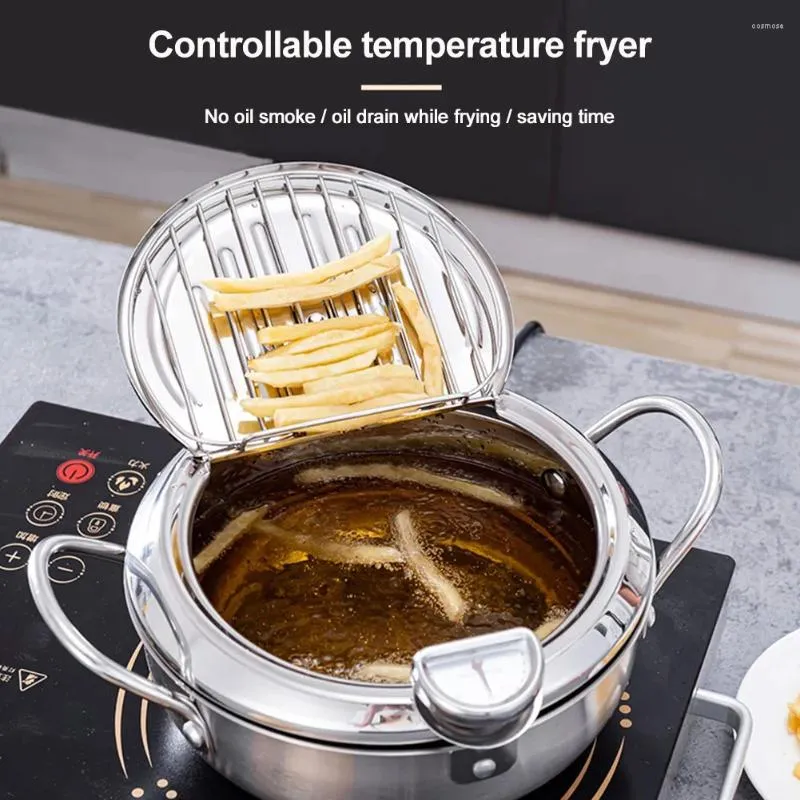 Pans avec couvercle multifonctionnel Poulet en acier en acier français Home Double manche Contrôle de température Tempura Fryer Deep